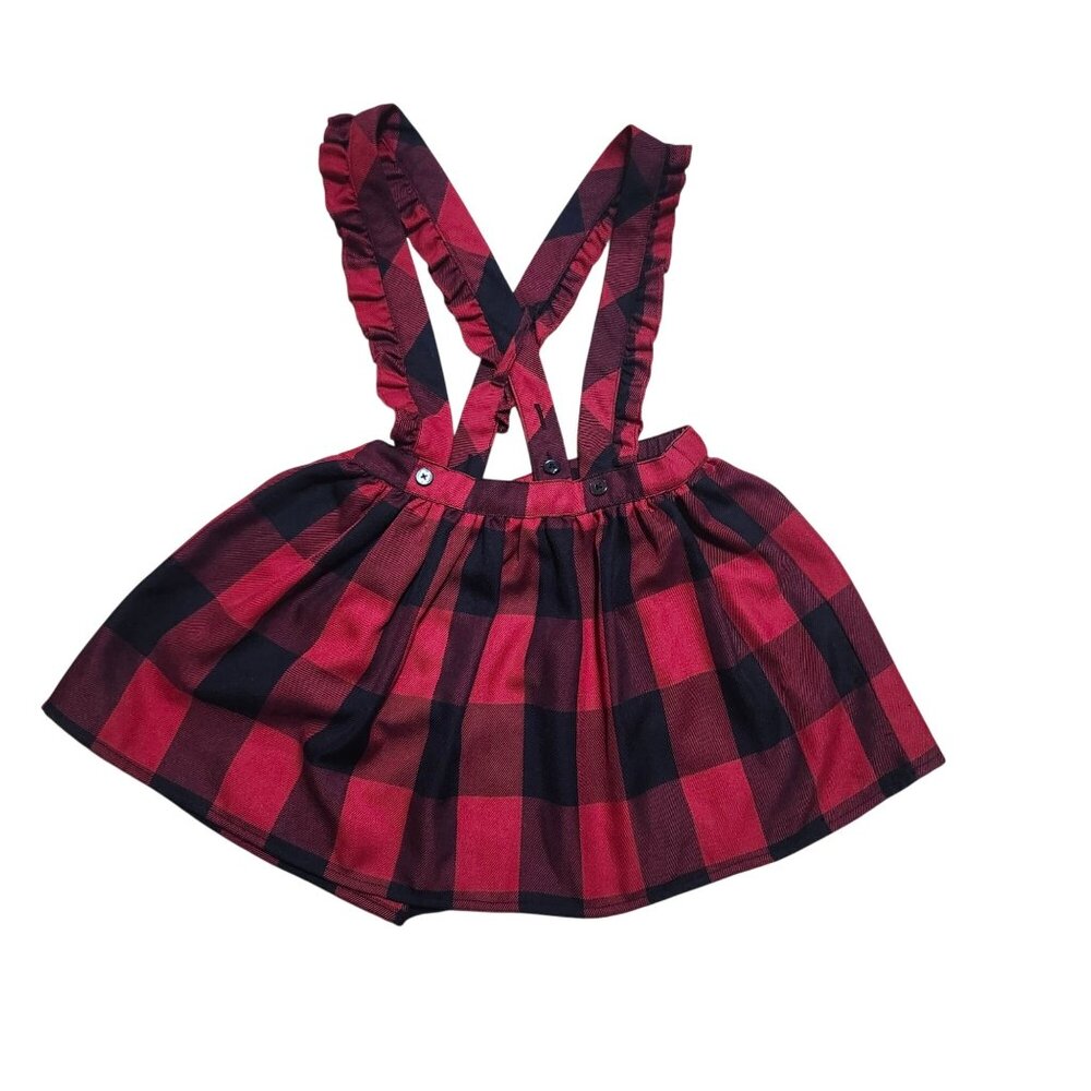 Disney Girls 5T Red Black Buffalo Plaid Flannel Suspender Skirt Ruffle Straps